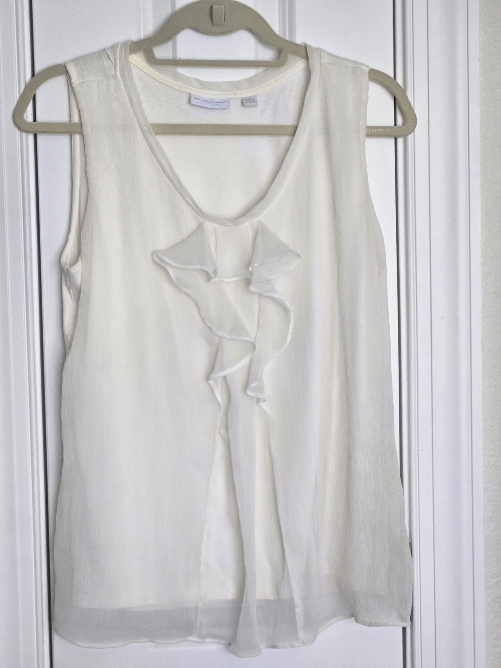 New York & Company White Ruffle Front Sleeveless Blouse